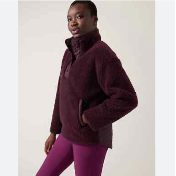 Athleta | Burgundy Spiced Cranberry Sherpa Fleece Snap Teddy Pullover Jacket - Picture 1 of 5